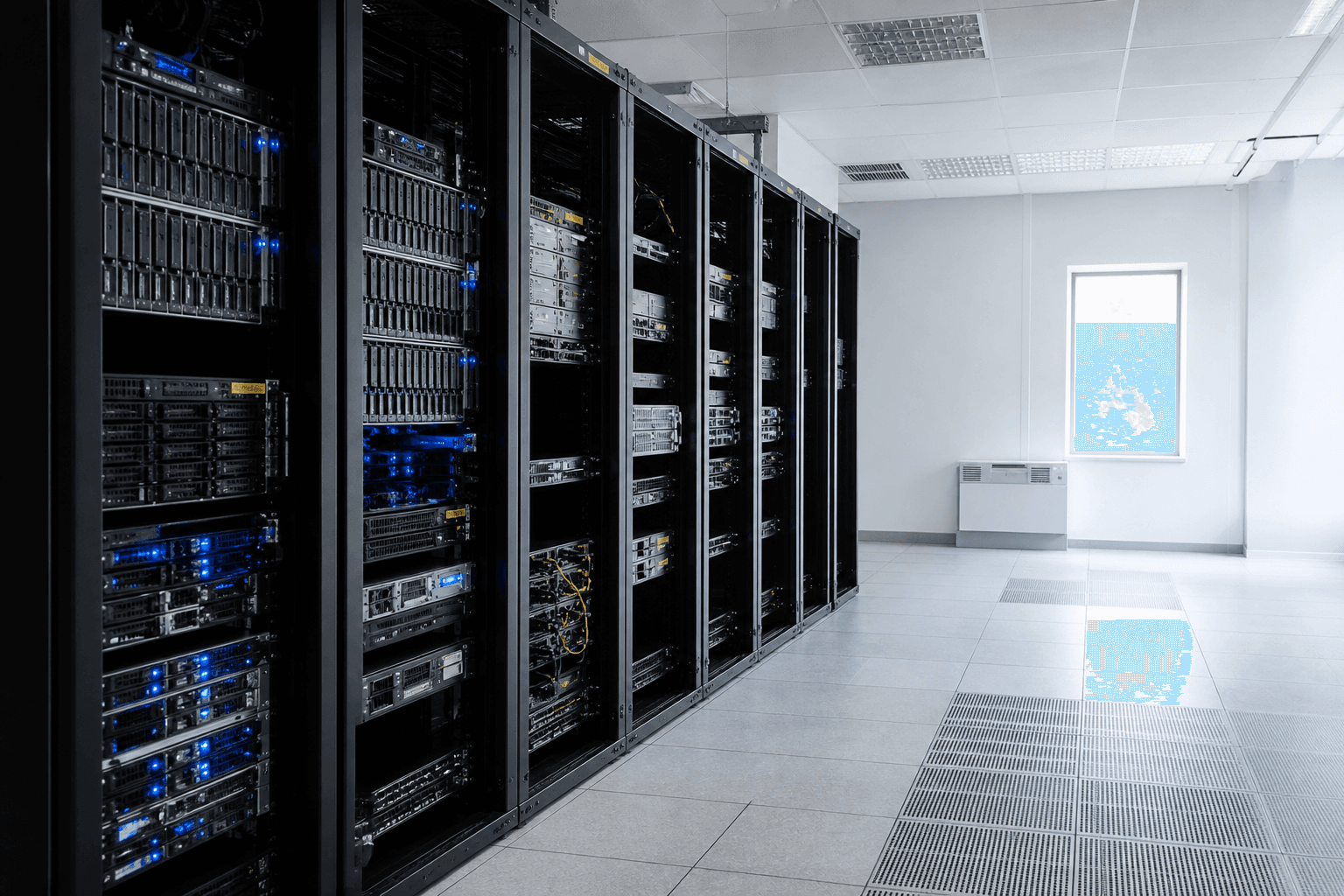 Row of rack-mounted servers in a clean, well organised server room